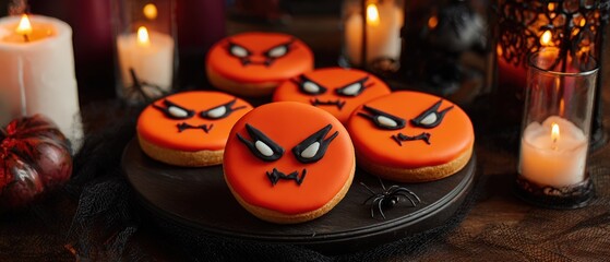 Halloween decorated sugar cookies with orange icing and spooky face designs on a dark surface with candles for holiday celebration