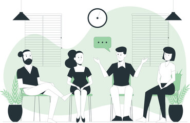 People sitting in chairs in a room, engaged in a conversation with a speech bubble discussion meeting