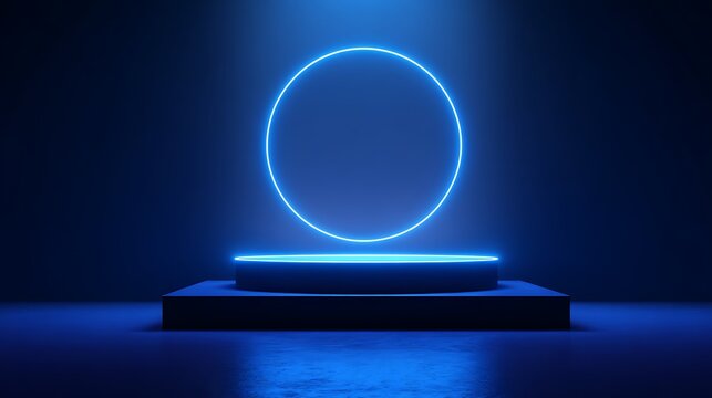 Stunning modern stage with glowing neon circle and illuminated platform for product launch, event, or futuristic presentation