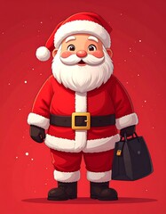 Cartoon Santa Claus with bag, red background
