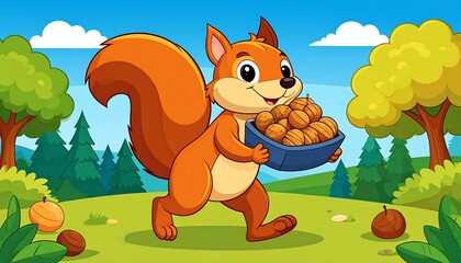 Cartoon squirrel carries nuts in a basket