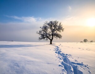 A solitary tree stands in a snow-covered field under a bright sun and partly cloudy sky, with visible footprints in the foreground
