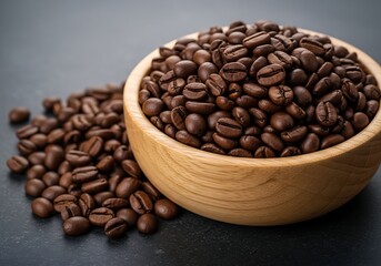 Fototapeta premium Freshly Roasted Coffee Beans in Wooden Bowl on Dark Surface Gourmet Coffee Concept