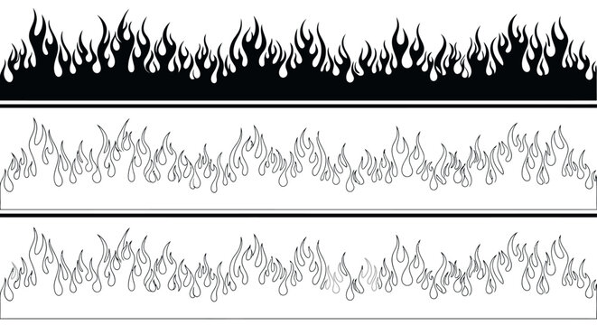 Three fire flames in black and white, representing different styles and levels of detail, for design