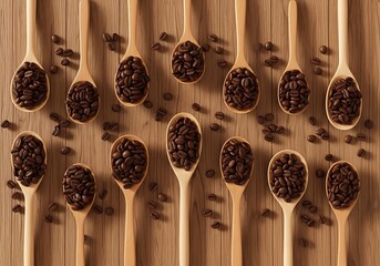 Roasted Coffee Beans in Wooden Spoons Arranged on a Wooden Surface