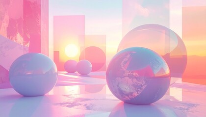 Ethereal Pastel Geometry Reflective Spheres and Cuboids Bathed in a Soft Sunrise Glow, Creating a Dreamy Abstract Landscape with Luminous Reflections