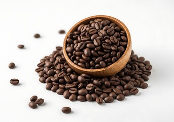 Obraz premium Fresh Roasted Coffee Beans in Wooden Bowl on White Background