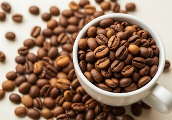 Fototapeta premium Freshly Roasted Coffee Beans in White Mug Gourmet Background