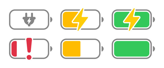 Visualize power levels with battery icons showing charging, full, low, and error states, perfect for apps, websites, and presentations needing battery alerts