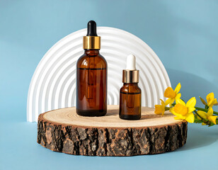 Amber glass dropper bottles with natural elements and soft lighting