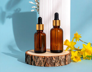 Amber glass dropper bottles with gold accents on a wooden stand with yellow flowers