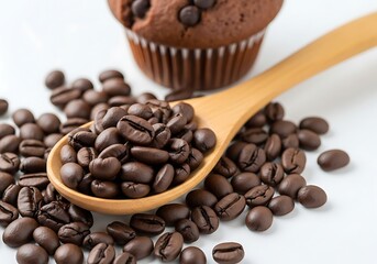 Fototapeta premium Fresh Roast Coffee Beans on Wooden Spoon and Chocolate Chip Muffin Food Background