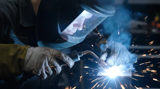 Skilled Welder in Protective Gear Performing Arc Welding in a Workshop.