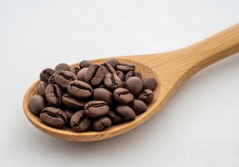 Obraz premium Roasted Coffee Beans in a Wooden Spoon on White Background for Cafe Concept