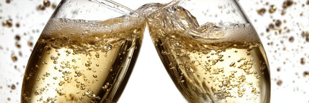 Two glasses filled with sparkling beverage are clinking together, creating a joyful moment with bubbles rising in a celebratory scene.