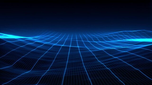 Abstract Digital Landscape: An intriguing, neon blue grid morphs into a dynamic, undulating landscape, suggesting a cutting-edge technological terrain.