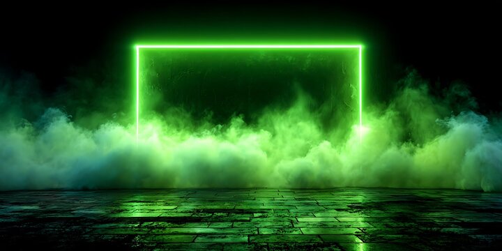 Vibrant green neon rectangle glows dramatically amidst swirling smoke and atmospheric fog over a dark, textured floor, perfect for tech or gaming visuals.