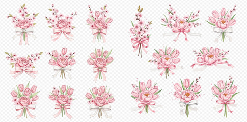 Watercolor collection of delicate pink flower bouquets and floral arrangements with ribbons, perfect for wedding invitations or spring designs.