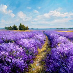 Fototapeta premium Vibrant lavender field stretches under a vast blue sky with fluffy white clouds, evoking serenity and natural beauty.