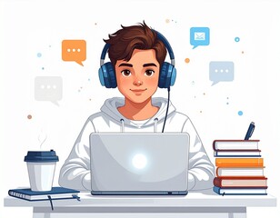 A flat digital artwork depicting a young faceless person wearing headphones, focused on a laptop with bright white screen. Desk with coffee, notebook, books, and pen. Above, icons for online learning