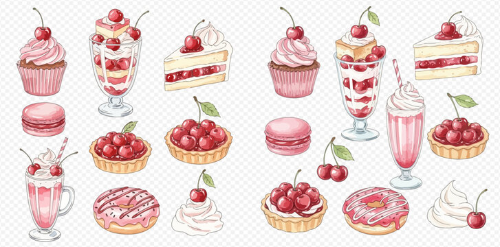 A watercolor illustration collection of various cherry-themed desserts and sweet treats including cupcakes, parfaits, cakes, tarts, macarons, milkshakes, and donuts.