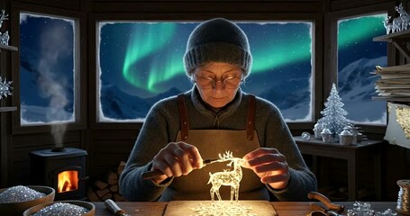 Elderly woman crafting delicate glass snowflakes and reindeer under the aurora borealis - Powered by Adobe