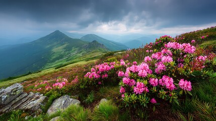 Obraz premium Vibrant pink rhododendron blooms cascade across a lush mountain ridge under dramatic stormy skies, creating a breathtaking natural spectacle.