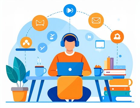 A flat digital artwork depicting a young faceless person wearing headphones, focused on a laptop with bright white screen. Desk with coffee, notebook, books, and pen. Above, icons for online learning 