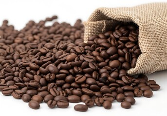 Fototapeta premium Freshly Roasted Coffee Beans Spilling from Burlap Sack Macro