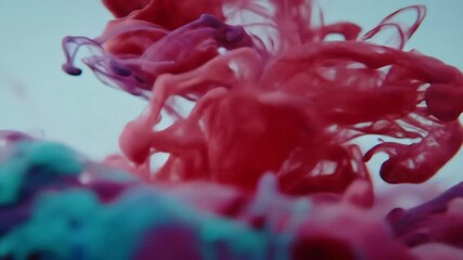 Vibrant red, purple, and teal ink plumes gracefully unfurl and mix in clear water, creating an ethereal and dynamic abstract liquid art background with mesmerizing fluid motion and colorful swirls. - Powered by Adobe