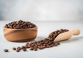 Obraz premium Freshly Roasted Coffee Beans in Wooden Bowl and Scoop on a Light Background