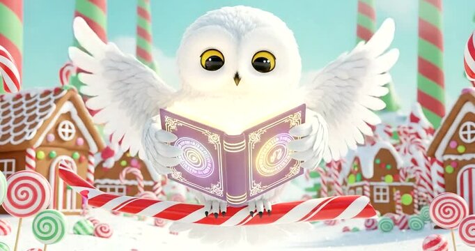 Cute snowy owl reading a magic book in a candy land with gingerbread houses