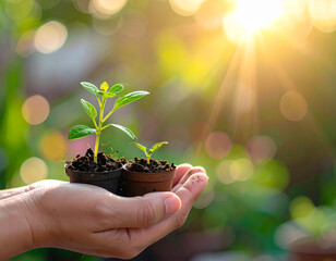 Hand holding a seedling growing in a small pot under the sun.