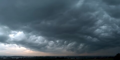 Dramatic dark storm clouds gather ominously over a serene rural landscape, hinting at nature's power and impending change.