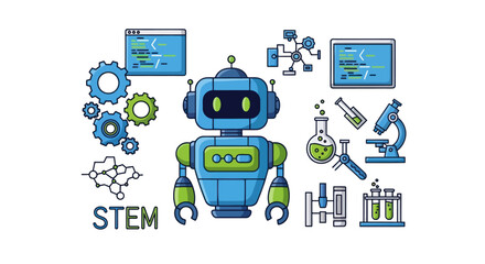 Friendly blue robot surrounded by STEM education elements and scientific equipment.