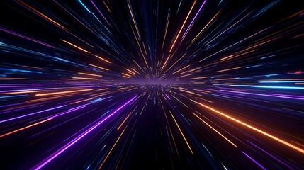 Naklejka premium Dazzling neon light trails streak through a dark cosmic tunnel, evoking speed, innovation, and the future of technology.