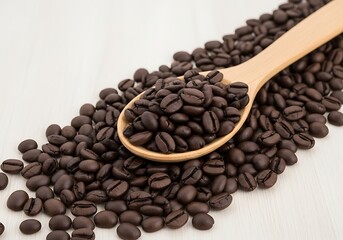 Fototapeta premium Freshly Roasted Coffee Beans and Wooden Spoon Close Up