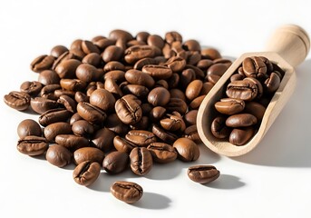 Freshly Roasted Coffee Beans and Wooden Scoop on White Background