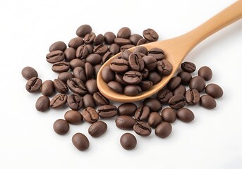 Fototapeta premium Fresh Roasted Coffee Beans in Wooden Spoon on White Background