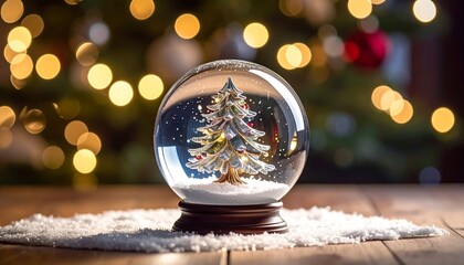 A snow globe with a miniature Christmas tree inside, set on a white mat against a blurry background of Christmas lights