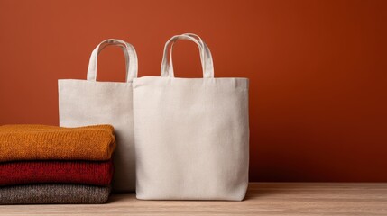 Two neutral tote bags stand next to a stack of colorful sweaters on a wooden surface against a warm, earthy backdrop.