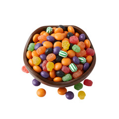 A bowl filled with tasty, vibrant candies on a white background, seen from above. Halloween treats