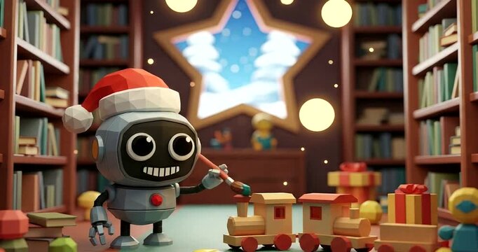 Cute robot wearing santa hat painting a toy train in a cozy library setting