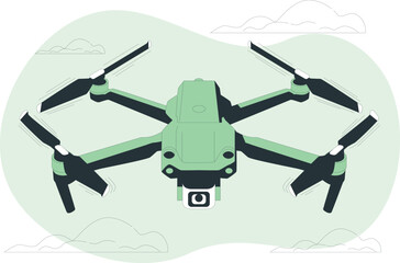 Overhead view of a modern drone with four propellers and camera quadcopter aerial