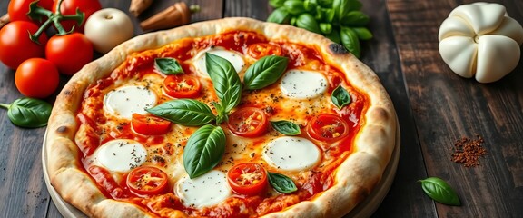 A classic Margherita pizza, fresh basil, mozzarella, tomatoes, peppers, spices on rustic wood, flat lay, vegetable