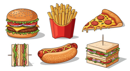 Delicious Hand-Drawn Fast Food Set: Burger Fries Pizza Hot Dog Sandwiches.