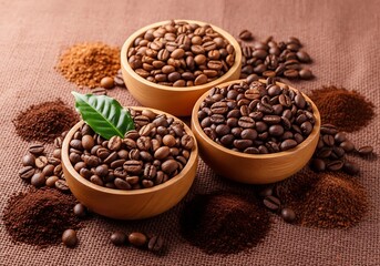 Fototapeta premium Variety of Roasted Coffee Beans and Ground Coffee in Wooden Bowls
