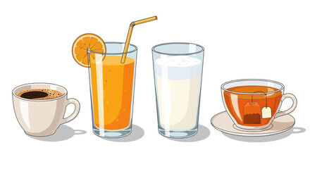 Assorted Beverages: Coffee Orange Juice Milk and Tea in Glassware.