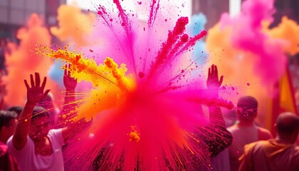 A vibrant explosion of colored powder fills the air, signifying unrestrained joy and festive celebration, fantastic, event