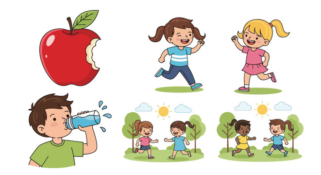 Happy Cartoon Children Playing Running Drinking Water and Eating Healthy Apple.
